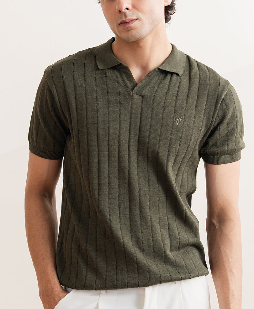 FITTED Men's Drop Needle Knit Polo - Forest Olive