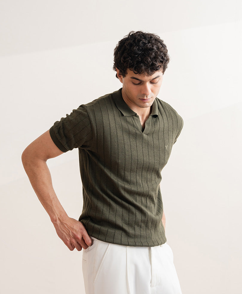 FITTED Men's Drop Needle Knit Polo - Forest Olive