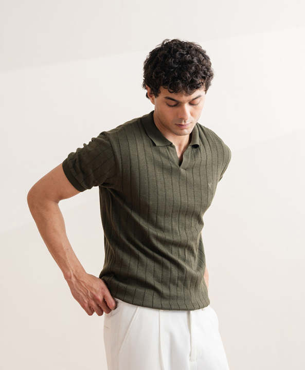 FITTED Men's Drop Needle Knit Polo - Forest Olive