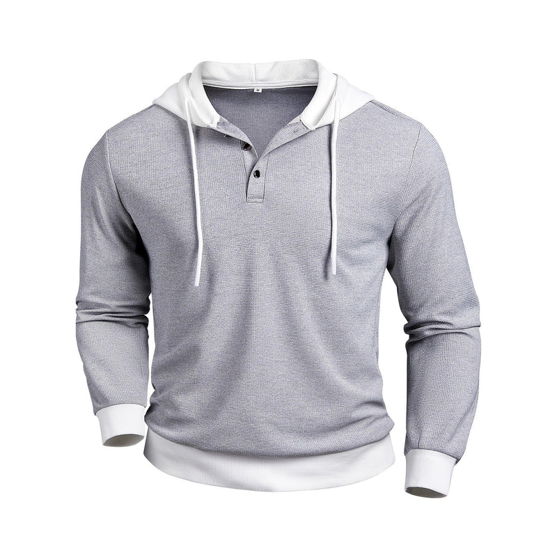 FallWinter Casual Textured Waffle-knit Contrast-color Long-sleeve Hoodie With Buttons