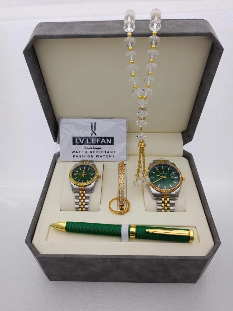 "Men's Stainless Steel Set: Watch, Rosary, Pen & Cufflinks
