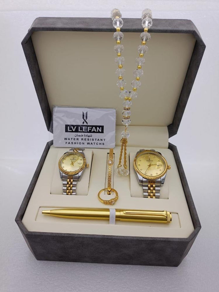 "Men's Stainless Steel Set: Watch, Rosary, Pen & Cufflinks