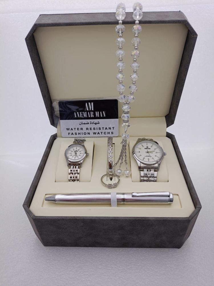 "Men's Stainless Steel Set: Watch, Rosary, Pen & Cufflinks