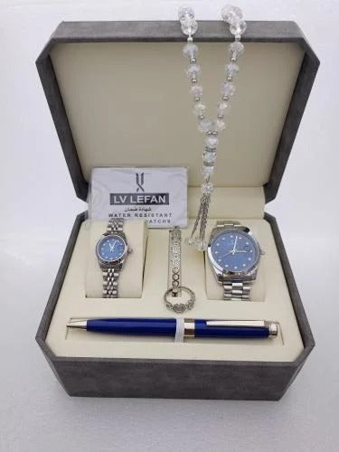 "Men's Stainless Steel Set: Watch, Rosary, Pen & Cufflinks