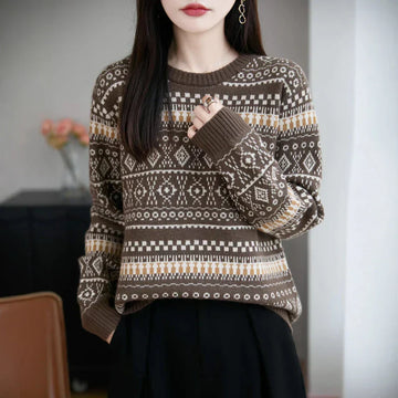 Retro Jacquard Crew-Neck Pullover Fair Isle Thickened Sweater