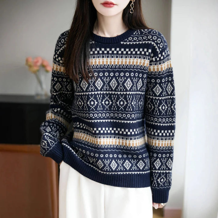 Retro Jacquard Crew-Neck Pullover Fair Isle Thickened Sweater