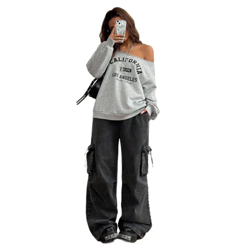 Women's Asymmetrical T-shirt With Slanted Shoulder Printed Letters And Pattern